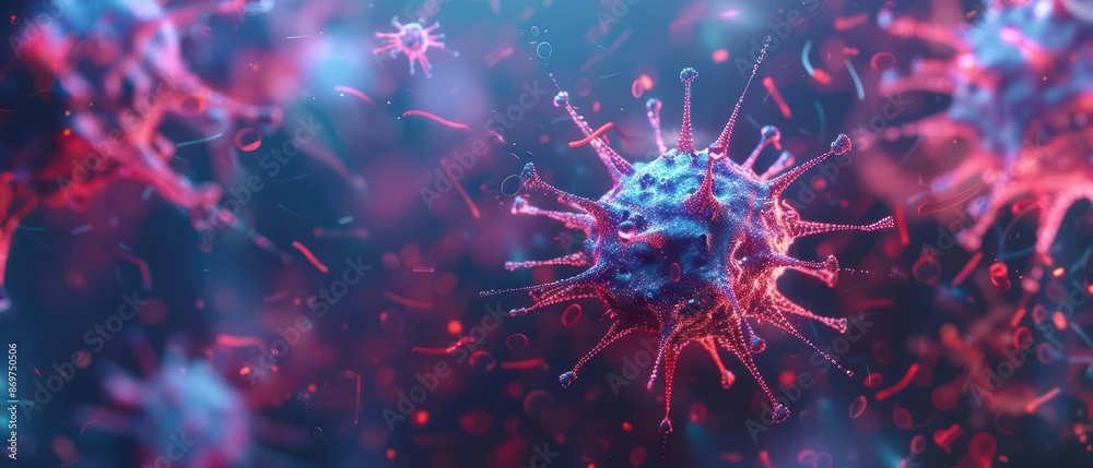 A virus equipped with nanobots targets and repairs damaged cells, transforming traditional pathogens into tools for advanced medical treatment, with copy space A virus equipped with nanobots targets and repairs damaged cells, transforming traditional pathogens into tools for advanced medical treatment, with copy space