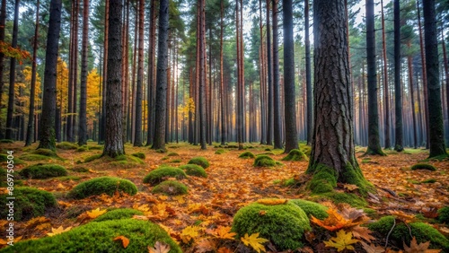 Autumn forest floor with foliage, pine trees and moss for creative banner with copy space