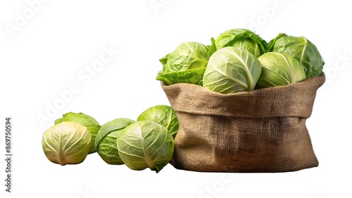 Green cabbage in burlap bag isolated on white
