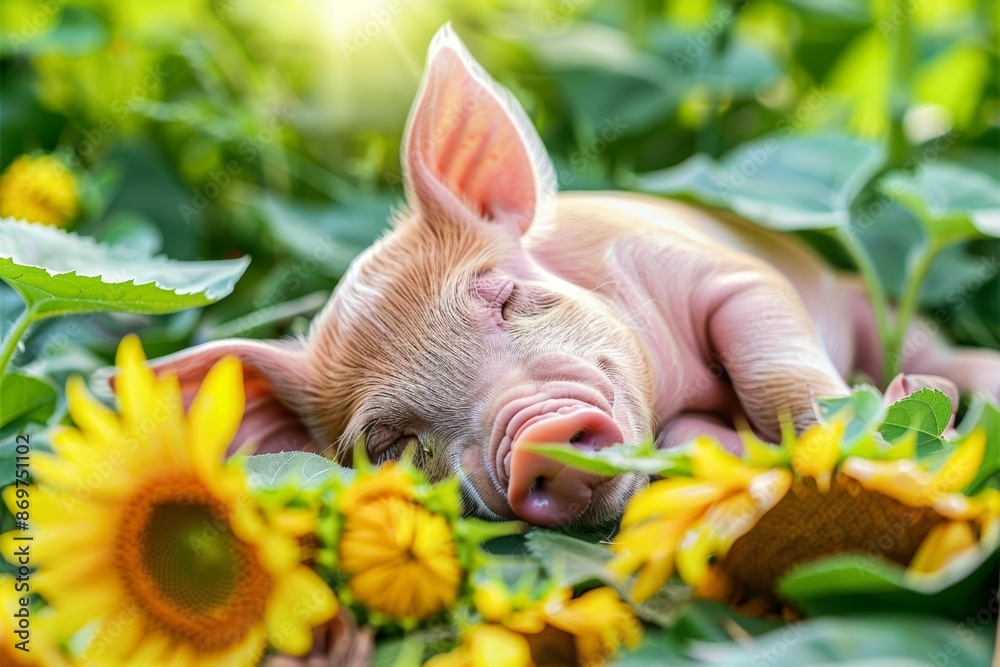 Obraz premium Peaceful Piglet Sleeping by Sunflowers on Bright Sunny Day - Nature's Tranquility Theme
