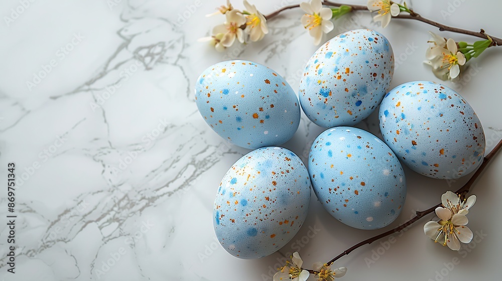 Obraz premium blue easter eggs on marble background flat lay top view.stock image
