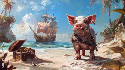 Adventurous Pirate Pig on Sandy Beach with Treasure Chest and Pirate Ships - Fun and Playful Illustration photo