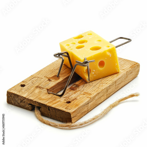 A wooden mouse trap with a piece of cheese, isolated on a white background