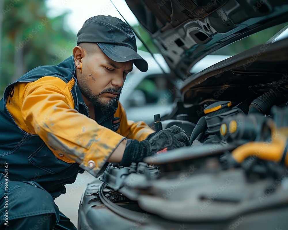 Mechanic working on a broken down vehicle on the side of the road, equipment malfunction, roadside assistance , high resolution DSLR Mechanic working on a broken down vehicle on the side of the road, equipment malfunction, roadside assistance , high resolution DSLR