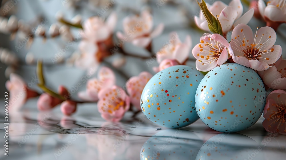 happy easter blue easter eggs with spring flowers on marble background.stock image
