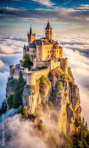 A majestic castle perched atop a sheer cliff face stands shrouded in a thick fog