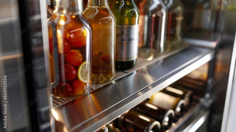 An inside look at the fridges smart storage capabilities with adjustable shelves that can slide up or down to create customized spaces for bottles cans and other items. An inside look at the fridges smart storage capabilities with adjustable shelves that can slide up or down to create customized spaces for bottles cans and other items.