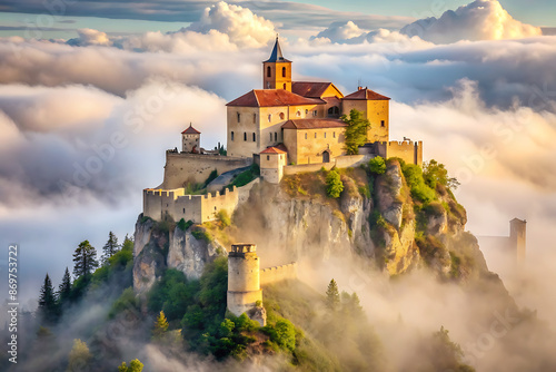 A majestic castle perched atop a sheer cliff face stands shrouded in a thick fog