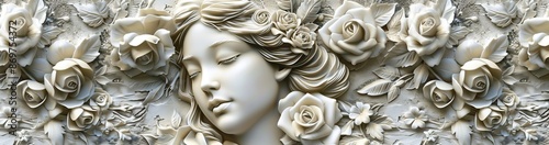 Beautiful Stone color 3D relief floral wallpaper with a female face. Mural wallpaper. Wall art. AI generated illustration.