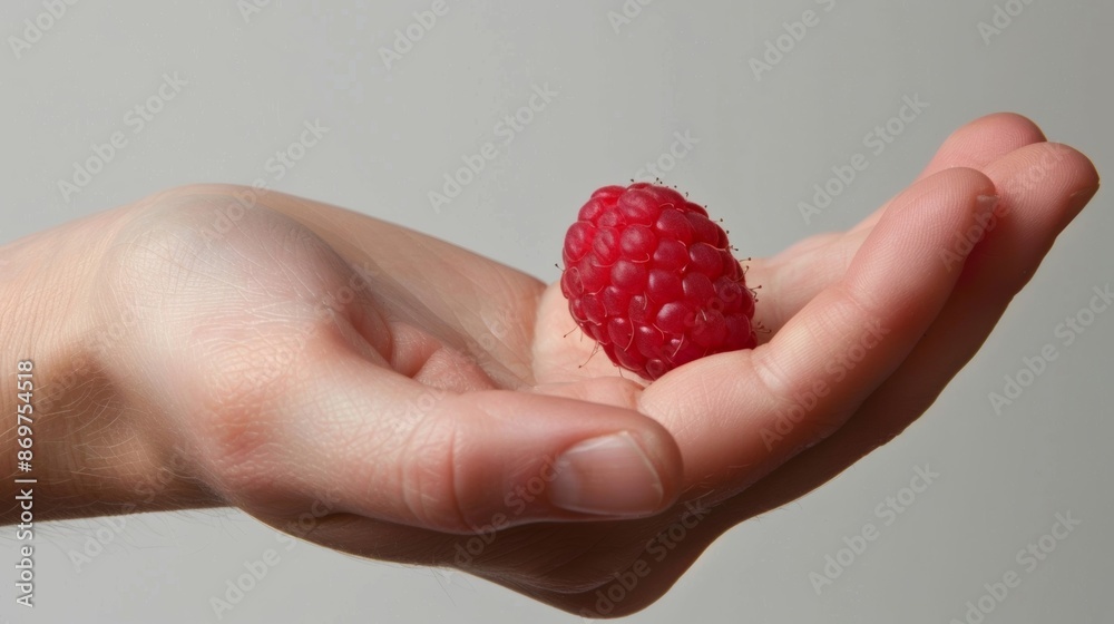 A closeup of a hand with a raspberry between its fingers showcasing the plump and sweet fruit. A closeup of a hand with a raspberry between its fingers showcasing the plump and sweet fruit.