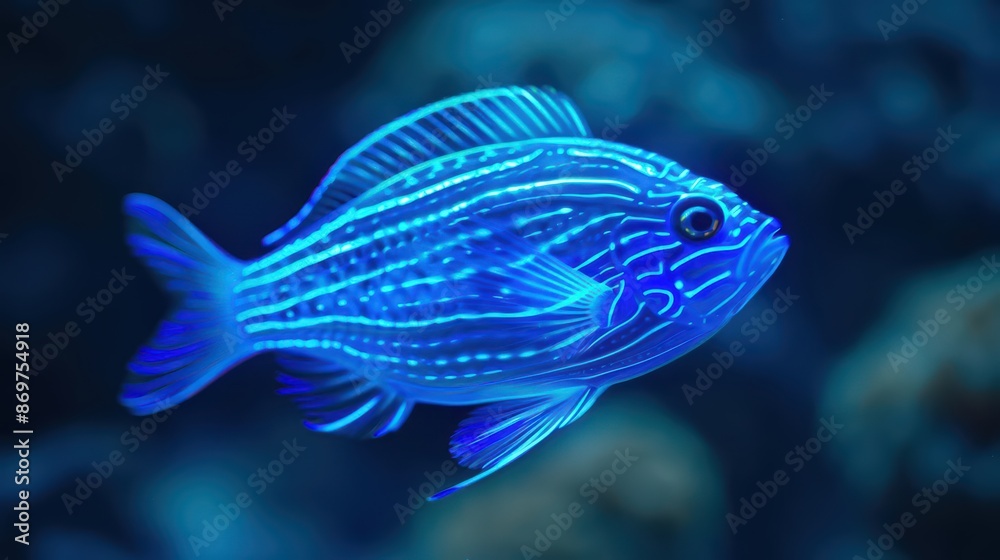 Fototapeta premium Bioluminescent fish engineered to glow in vibrant colors create mesmerizing underwater displays, merging marine life with genetic innovation, with copy space