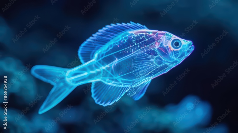 Bioluminescent fish engineered to glow in vibrant colors create mesmerizing underwater displays, merging marine life with genetic innovation, with copy space Bioluminescent fish engineered to glow in vibrant colors create mesmerizing underwater displays, merging marine life with genetic innovation, with copy space