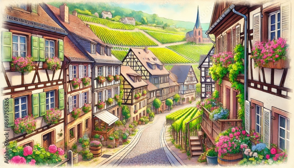 Obraz premium A picturesque scene in Alsace wine region, featuring half-timbered houses, winding street, and vineyard.jpeg