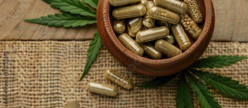 Wallpaper Mural CBD capsules displayed along with hemp leaf in a pot, creating a scenic composition with ample copy space image. Torontodigital.ca