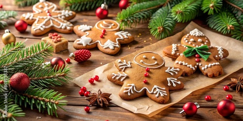 Festive Christmas scene featuring gingerbread cookies, decorative craft paper and copy space for customization, festive background, Christmas cookies, gingerbread, craft paper, seasonal, holiday