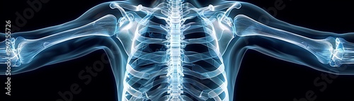 Detailed 3D rendering of a human ribcage and thoracic cavity, Blue xray style, chest anatomy