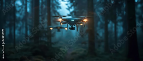 Drones equipped with projectors fly through the woods, casting lightbased advertisements on tree trunks and forest floors, merging the organic with the futuristic, with copy space photo