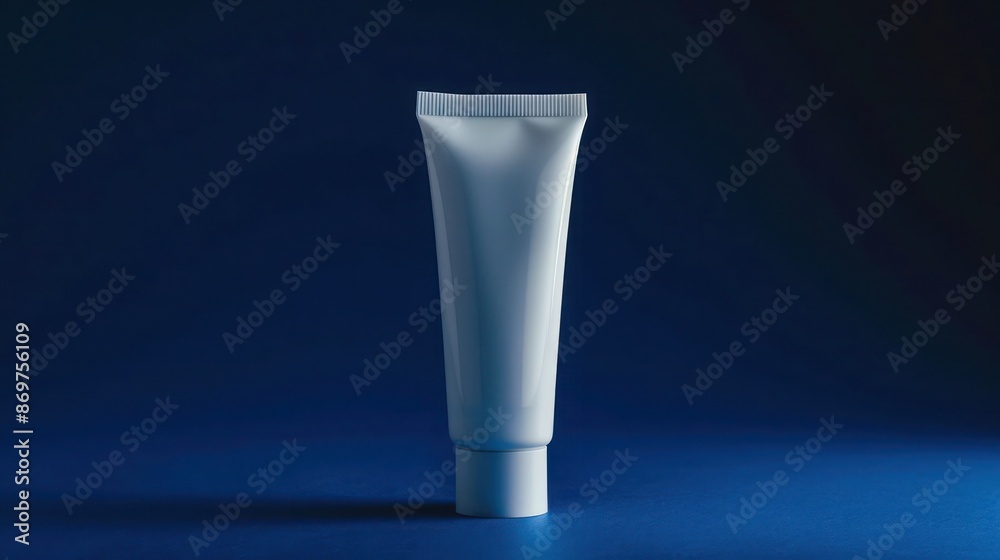 A simple white hand cream tube displayed against a deep blue background, emphasizing a clean and professional look A simple white hand cream tube displayed against a deep blue background, emphasizing a clean and professional look