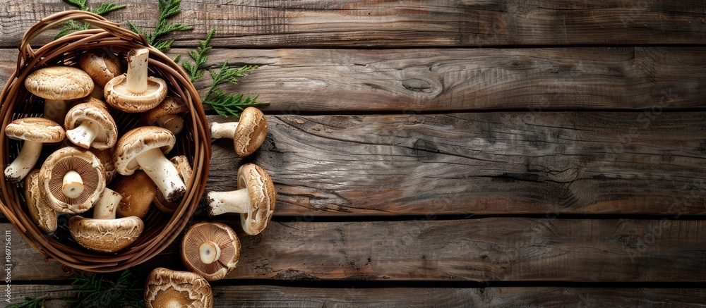 Top view of a basket filled with various mushrooms on a rustic wooden table, allowing for text placement within the image. Top view of a basket filled with various mushrooms on a rustic wooden table, allowing for text placement within the image.