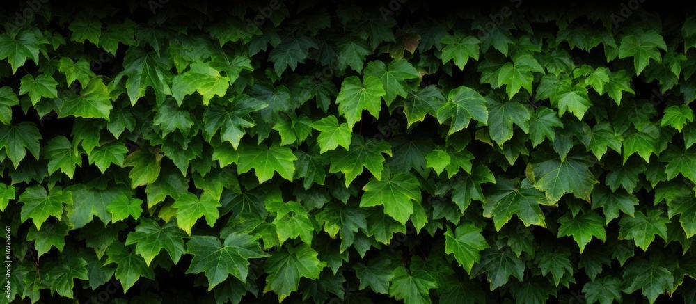 Obraz premium A natural wallpaper featuring ivy leaves and wild green grapes with copy space image, suitable for decorating garden hedges or yards with Parthenocissus quinquefolia vines.