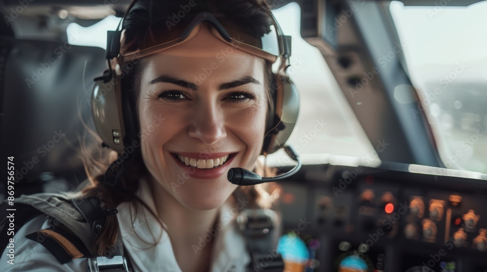 portrait of smiling female pilot looking at camera in cockpit of airplane portrait of smiling female pilot looking at camera in cockpit of airplane