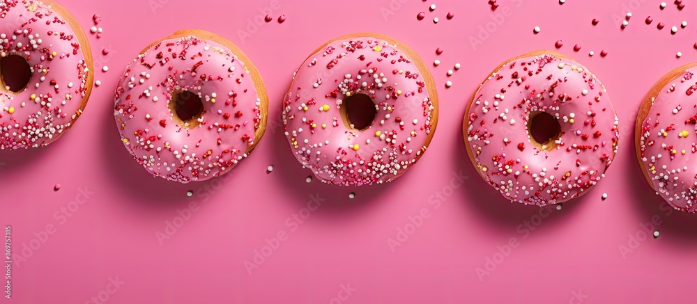 A vibrant pink background complements iced doughnuts with sprinkles, creating a visually appealing scene in the copy space image. A vibrant pink background complements iced doughnuts with sprinkles, creating a visually appealing scene in the copy space image.