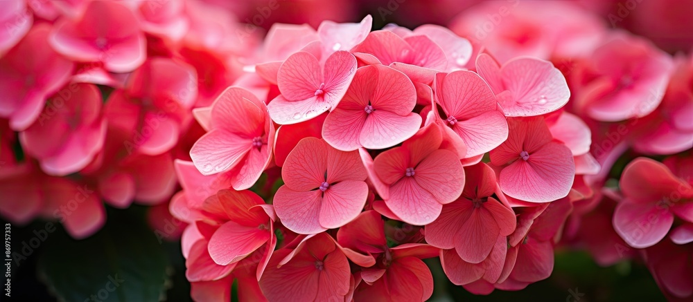 A photo of vibrant coral hydrangea macrophylla with a blurred background, providing ample room for text in the copy space image. A photo of vibrant coral hydrangea macrophylla with a blurred background, providing ample room for text in the copy space image.