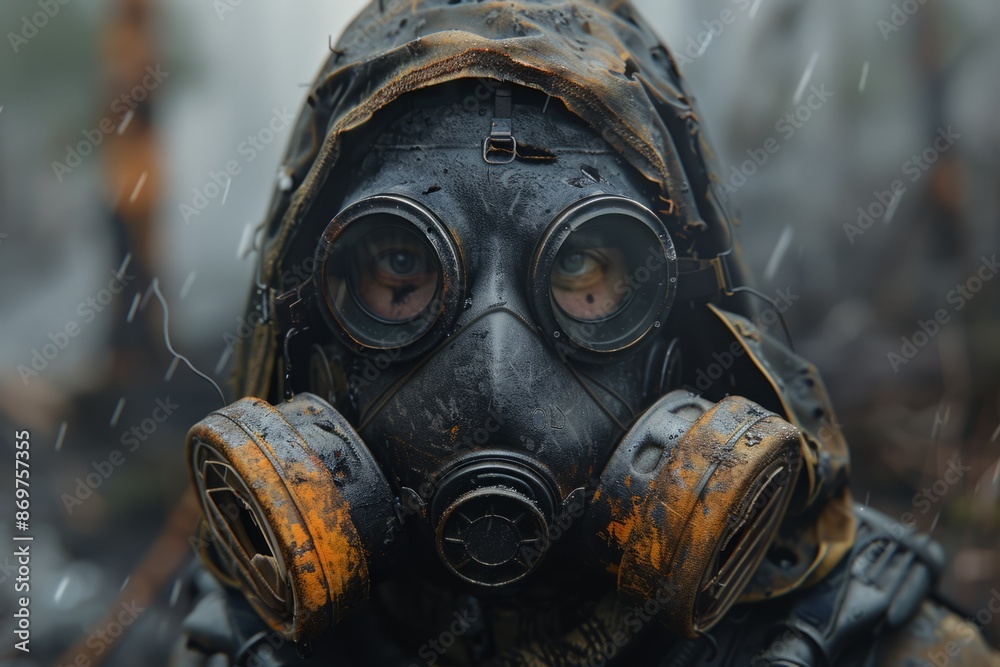Human survivor in a gas mask, environmental ecology problem Human survivor in a gas mask, environmental ecology problem