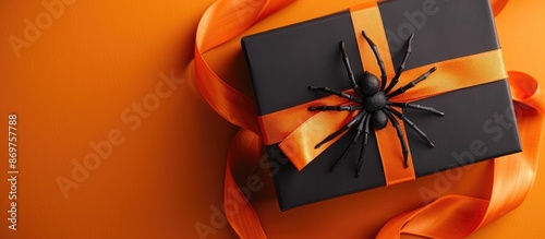 Gift box in black with vibrant orange ribbon and festive toy spider arranged on an orange backdrop, providing ample copy space for your Halloween-themed message. photo