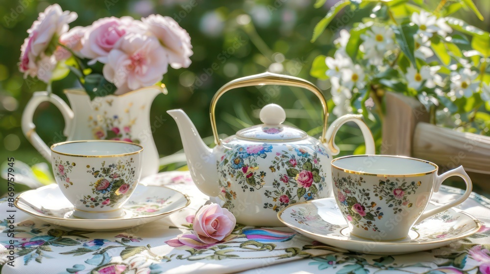 An elegant tea set on a background of an English garden tea party, ideal for a refined and classic homeware presentation An elegant tea set on a background of an English garden tea party, ideal for a refined and classic homeware presentation