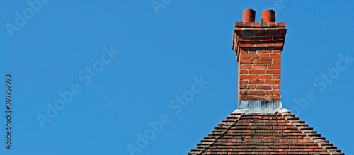 Chimney with red bricks atop a house against the backdrop of a clear blue sky, showing some copy space image. photo