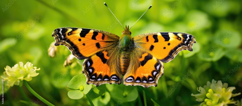 Macro close-up of an Orange Yellow-legged tortoiseshell butterfly on a Clover flower, showing detailed features like eyes, proboscis, and antennae with copy space image. Macro close-up of an Orange Yellow-legged tortoiseshell butterfly on a Clover flower, showing detailed features like eyes, proboscis, and antennae with copy space image.