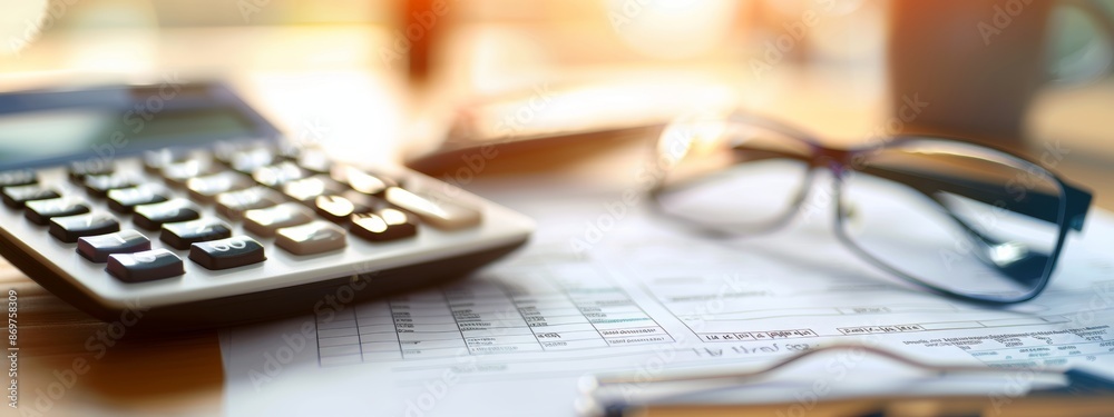 A focused view of a contract outlining a flexible payment plan, with a calculator and glasses on the side, office setting with soft light, conveying clarity and financial relief. A focused view of a contract outlining a flexible payment plan, with a calculator and glasses on the side, office setting with soft light, conveying clarity and financial relief.