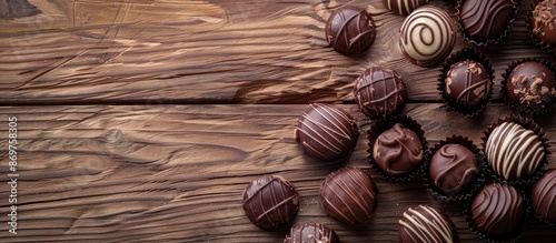 Delicious chocolate candies displayed on a rustic wooden surface from above, with space for text or design in the background image.