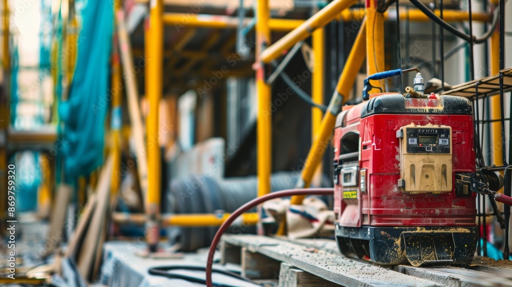 Compact Gasoline Generator Powering Construction Tools at Urban Scaffolding Site