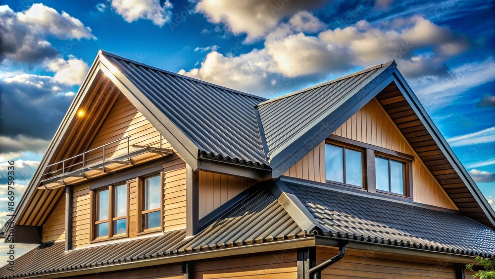 Modern House Roof with Blue Sky and Clouds Modern House Roof with Blue Sky and Clouds