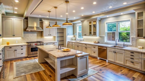 Modern Kitchen Island with White Cabinets and Recessed Lighting © BrilliantPixels