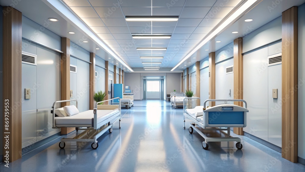 Modern hospital corridor featuring medical bed , 3D rendering , Healthcare , Patient care , Medical equipment Modern hospital corridor featuring medical bed , 3D rendering , Healthcare , Patient care , Medical equipment