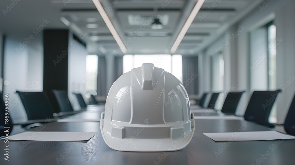 White Safety Helmet in the Meeting Room White Safety Helmet in the Meeting Room