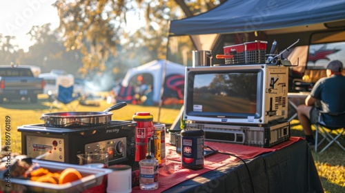 Gasoline Generator Enhancing Tailgating Event with TV and Cooking Equipment
