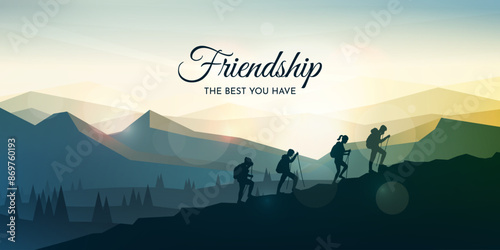 Vector illustration. Landscape scene with group of hikers. Travel concept of discovering, exploring and observing nature. Hiking. Travelers climb with backpack and travel walking sticks. Mountain top