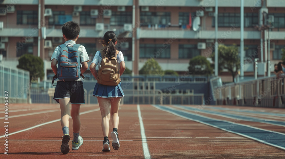 Obraz premium Two young girls walking on a track with backpacks