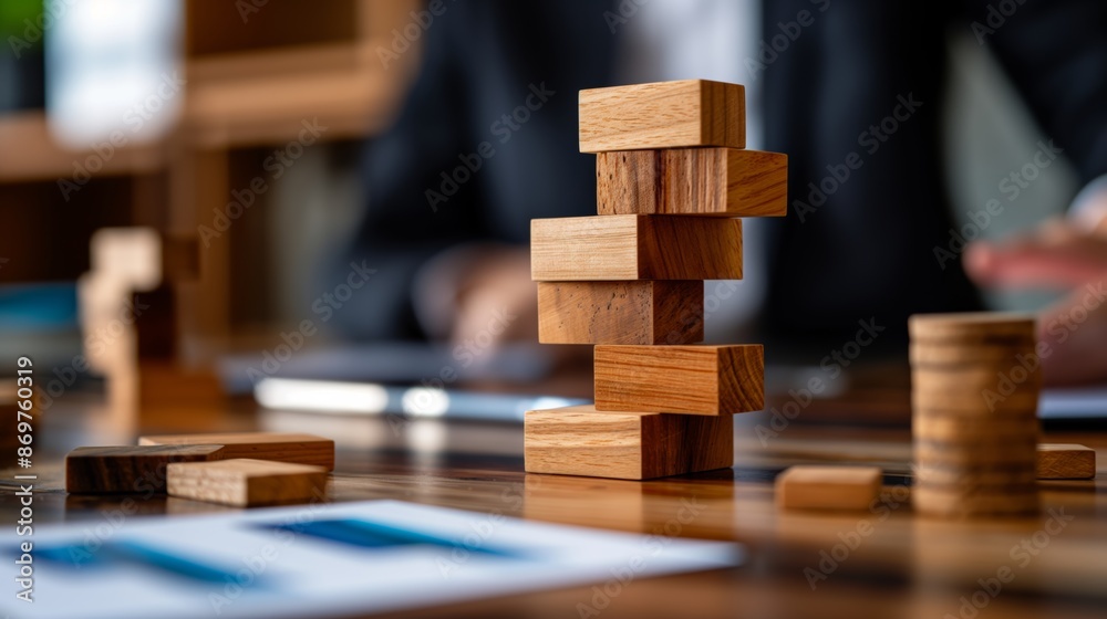 Close-up of wooden block puzzle on office desk with blurred background of business paper and person, representing strategy and planning. Close-up of wooden block puzzle on office desk with blurred background of business paper and person, representing strategy and planning.