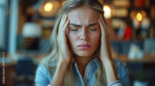 a young woman has a headache at work in the office . an employee has a headache and stress