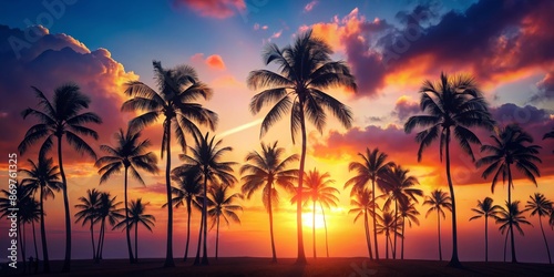 Palm Trees Silhouette at Sunset with Dramatic Sky - Digital Illustration