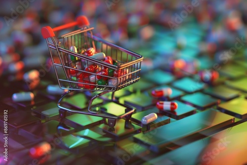 Mini shopping cart filled with pills on keyboard, symbolizing online medicine buys