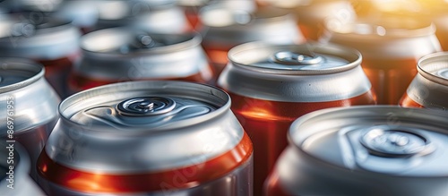 Aluminum soda and energy drink cans showcase mass production in the beverage industry, with a focus on manufacturing and packaging. Copy space image. photo