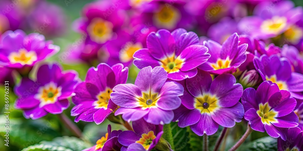 Purple primrose Primula bloom in a garden. Spring flowers, copy space, blurred background, horizontal orientation, selective focus. Primrose, Primula, Spring flowers, Garden, Close-up. Purple primrose Primula bloom in a garden. Spring flowers, copy space, blurred background, horizontal orientation, selective focus. Primrose, Primula, Spring flowers, Garden, Close-up.