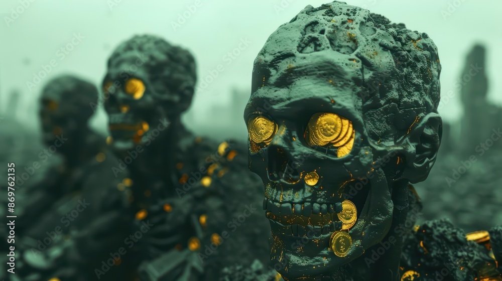 Zombies adorned with gold coin armor roam an abandoned city, presenting a surreal blend of wealth and the undead, with copy space Zombies adorned with gold coin armor roam an abandoned city, presenting a surreal blend of wealth and the undead, with copy space