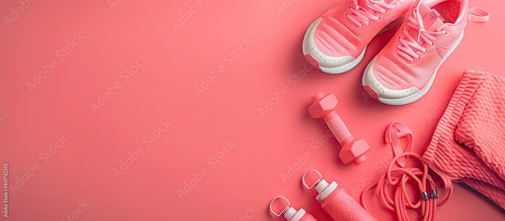 A pink background features a copy space image of workout gear. A pink background features a copy space image of workout gear.
